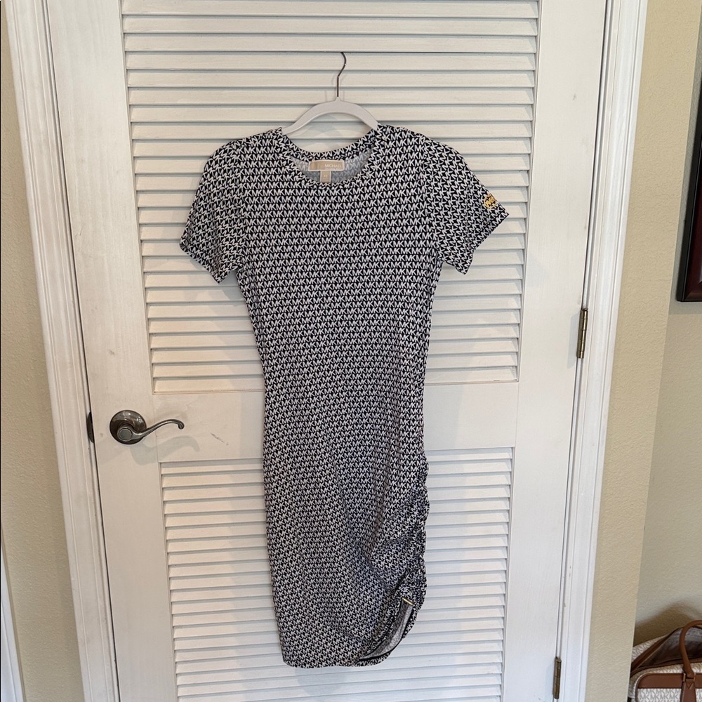 Michael Kors Navy and White Geometric Midi Sheath Dress